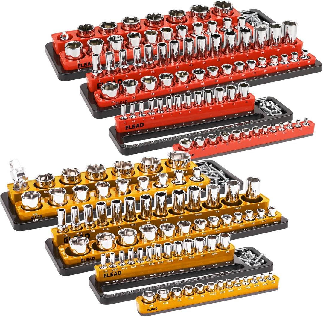 ELEAD Magnetic Socket Holder Organizer Set - 6-Piece Durable 1/2, 1/4, 3/8 Inch Drive Holder, Tool Box Storage Tray for Wrench, Screwdriver, Mechanic Tools, Portable Toolbox Accessory (Red&orange)