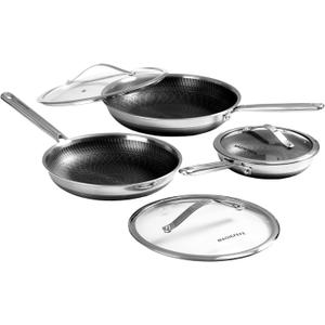 Non Stick Frying Pan with 3 Lids, 8+10+12 Inch, Hybrid Frying Pans Set Nonstick, Skillets Stainless Steel Upgrade, Dishwasher & Oven-Safe, Induction Compatible, PFOA Free Cookware.