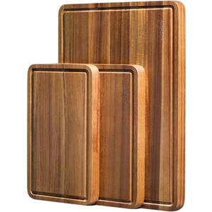 Wood Cutting Boards Set of 3 for Kitchen, Thick Chopping Board, Large Wooden Cutting Board Set with Deep Juice Groove and Handles, Wooden trays for meat, fruit and cheese