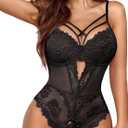 Avidlove Women Lingerie Floral Lace Harness Lingerie Bodysuit One Piece Teddy Babydoll Nightgown (Large, A-black)