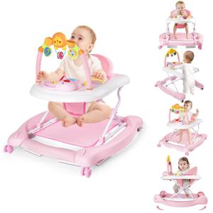 5-in-1 Baby Walker, Baby Walkers for Boys Girls 6-12 Months, Foldable Activity Walker, Toddler Infant Walker with Bouncer, Adjustable Height, Removable Footrest, Feeding Tray, Music, Pink