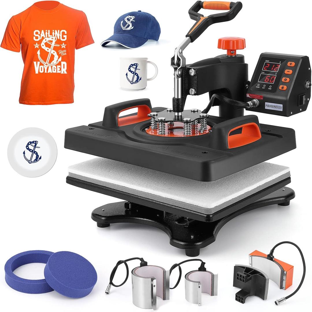 PioneerWorks Heat Press Machine 12 X 15 inch 6 in 1, 360 Swing Away Shirt Printing Heat Transfer Machine, Digital Industrial-Quality Shirt Pressing Machine for Shirt, Hat, Mug, Plate (Orange)