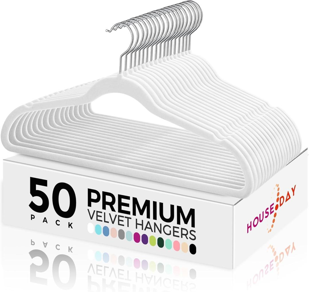 HOUSE DAY Premium Velvet Hangers 50 Pack, Non-Slip Flocked Felt Hangers, Sturdy Clothes Hangers with 360 Rotatable Hook, Heavy Duty Coat Hanger, Durable Slim White Hanger for Closet Space Saving