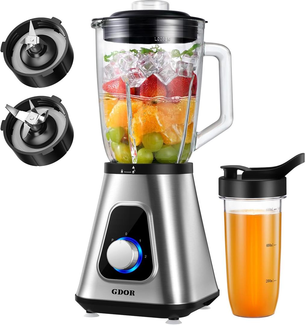 GDOR 1200W Blender for Smoothies and Shakes, 52 Oz Glass Jar & 22 Oz To-Go Cup Combo, Countertop Blender with 6-leaf Blade, 3 Adjustable Speed for Juices, Frozen Fruit Drinks, Sauces, Self-Cleaning