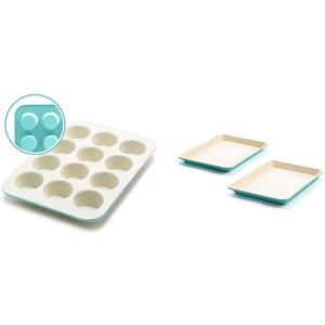 GreenLife 12-Cup Muffin & 13"x9" Cookie Baking Pan Set - Healthy Ceramic Nonstick, Turquoise