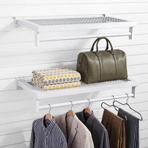 2 Pcs White Slatwall Shelf Clothes Rack with Grid Shelf with Metal Mesh Rectangular Tubing U Shaped Handrail Hanger Slatwall Shelving Organizer Accessories for Home Room Garage Retail Display, 23.6 x 11.8 inches