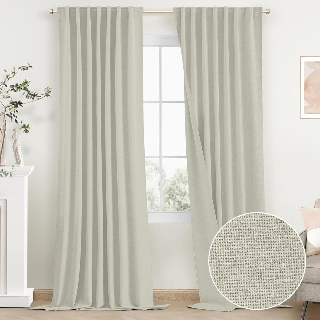 SimpleHome Cream Linen 100% Blackout Curtains for Living Room,84 Inch Length Farmhouse Back Tab Textured Curtains for Bedroom,2 Panels,52" W x 84" L