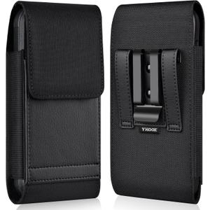 ykooe Holster Compatible with iPhone 16 15 14 13 12 Pro Galaxy S25 S24 S23 S22 S21 S20, Nylon Cell Phone Belt Holder Case with Clip and Leather Card Pouch for Men, Black -M