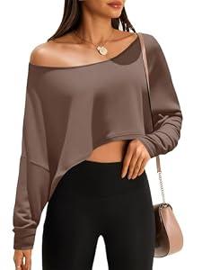 Fisoew Womens Off The Shoulder Cropped Tops Batwing Long Sleeve Loose Fit Summer Boat Neck Workout T Shirts Brown, Size Small
