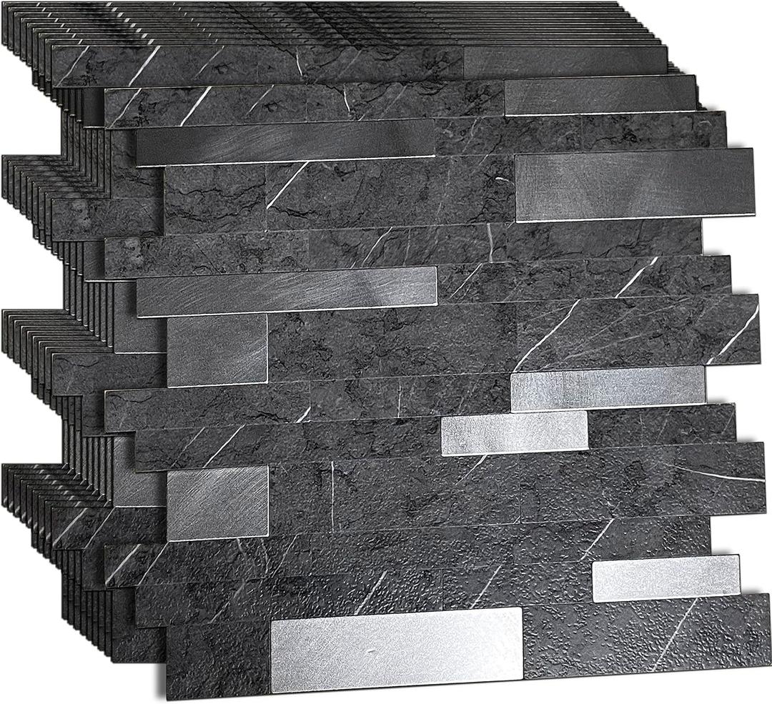 XUANINY 10-Sheet Peel and Stick Metal Backsplash Tiles, Self Adhesive Aluminum 3D Wall Sticker, Wall Panels for Kitchen Bathroom, Bedroom, Living Room(11.81"x11.81") (Dark Grey, 10)