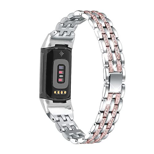 Mtozon Bling Bands Compatible with Fitbit Charge 6/Charge 5, Metal Bracelet Luxurious Rhinestone Replacement Wristband for Women, Silver with Rose Gold