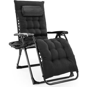 Sweetcrispy Zero Gravity Chair, Reclining Camping Lounge Chair for Indoor, Reclining Patio Chairs with Cup Holder Trays and Removable Cushion, Folding Recliner for Outdoor, Black