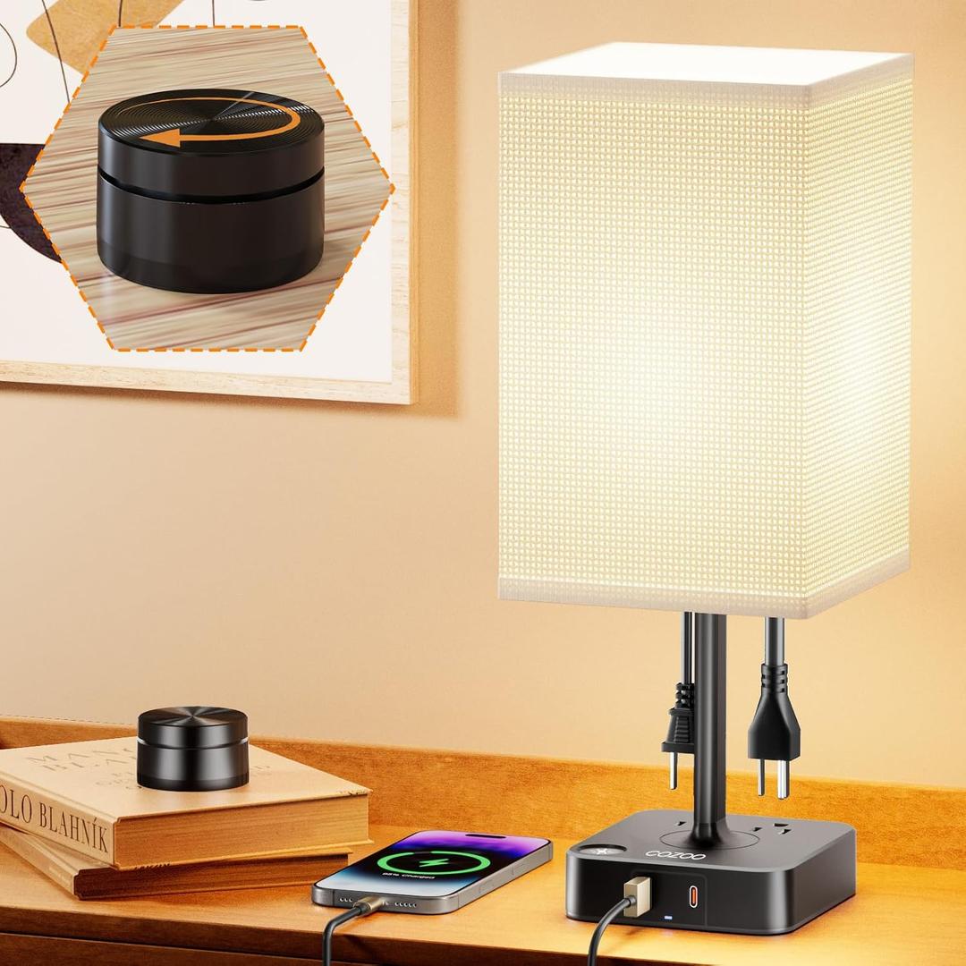 Remote Control Bedside Lamp with USB-C & USB-A Charging Ports, 2 AC Outlets, Stepless Dimming Nightstand Lamp for Bedroom- Touch & Remote Control,Warm Soft Light Table Lamp for Home, Office,Decoration