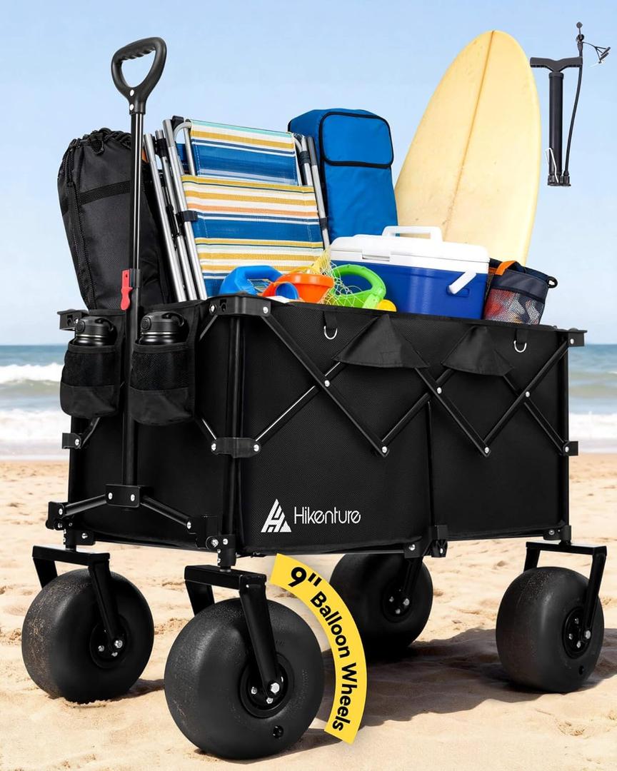 Hikenture Beach Wagon with Balloon Wheels, 9" PU Tires Collapsible Wagon, 440lbs Heavy Duty Beach Cart with Big Wheels for Sand, Large Capacity Utility Wagons Carts Foldable
