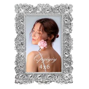 QPQIYIY 4x6 Crystal Picture Frame with Tempered Glass, Elegant Jewel Photo Frame with Rhinestones for Home Decor Tabletop Horizontal and Vertical Display, Silver