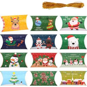 DIYASY Christmas Pillow Boxes,60 Pcs Gift Card Holders Small Treat Box in 12 Xmas Designs for Small Gifts with Gold Twine