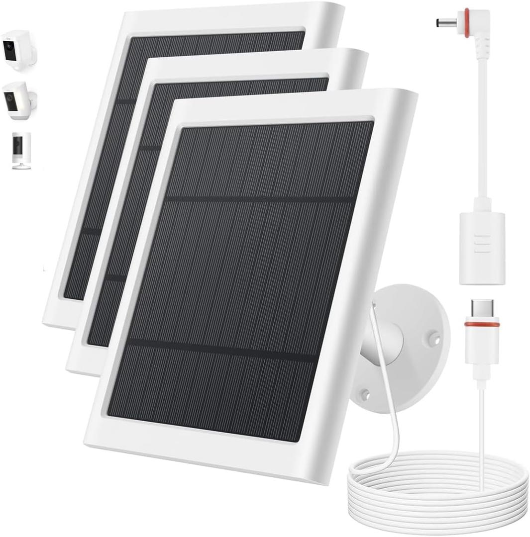 Solar Panel for Ring Camera, 3 Pack 4W Solar Charger Compatible with Rings Spotlight &AllNew Stick Up Outdoor Cam Battery, 10ft Long Cable with USBC to Ring Barrel Plug Adapter