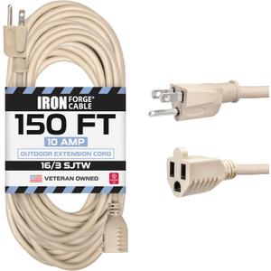 Iron Forge Cable Weatherproof 150 Ft Outdoor Extension Cord - 16/3 SJTW Heavy Duty Light Brown Extension Cord 3 Prong - 10 Amp Exterior Power Cable (Beige)
