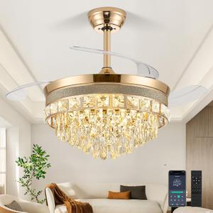 42 Inch Fandelier Ceiling Fan with Light, Chandelier Ceiling Fans with Lights, Crystal Ceiling Fans for Bedroom Living Room, LED Dimmable, 6 Wind Speed,3 Color Temperatures-Gold