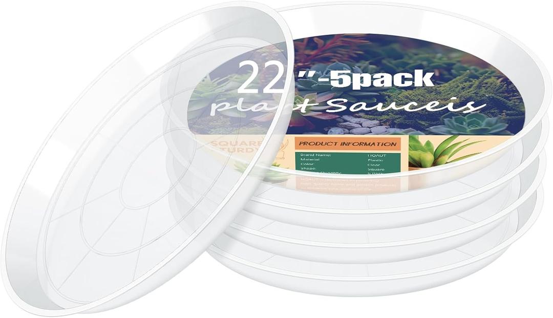 22 Inch Clear Plant Saucer, 5 Pack Durable Plastic Water Catcher Trays for Flower Pots, Plant Drip Trays for Indoor Outdoor Planter