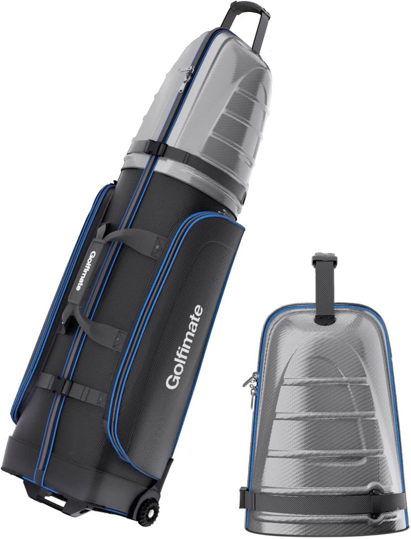 Golf Travel Bags for Airlines with Carbon Fiber Hard Top, Protective Club Traveling Cover with Wheel, Golf Club Carrier Case for Airplanes, Thick Padding, Durable Zippers and 2 Sided Spacious Pockets, Gray Carbon Fiber with Blue Piping