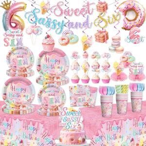 330pcs Sweet Sassy and Six Birthday Decorations with Tableware Set, Banner, Hanging, Tablecloth, Cake Topper, Centerpieces, Balloon, for 6 Year Old Girl Birthday Decorations, Serves 50