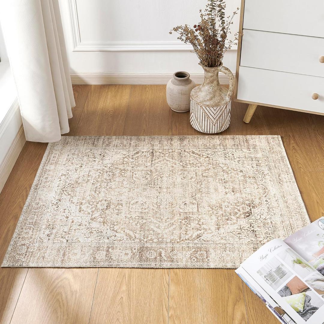 BILEEHOME Boho Kitchen Rug Washable,2x3 Non Slip Farmhouse Neutral Small Area Rug for Bathroom Bedroom Indoor Entrway Ultra Thin Fit Under Door,Tan Brown