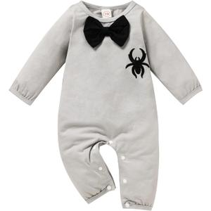 Sinhoon Newborn Baby Boy Halloween Outfit Long Sleeve Romper Spider Pattern Jumpsuit with Bowtie(Grey, 3-6 Months)