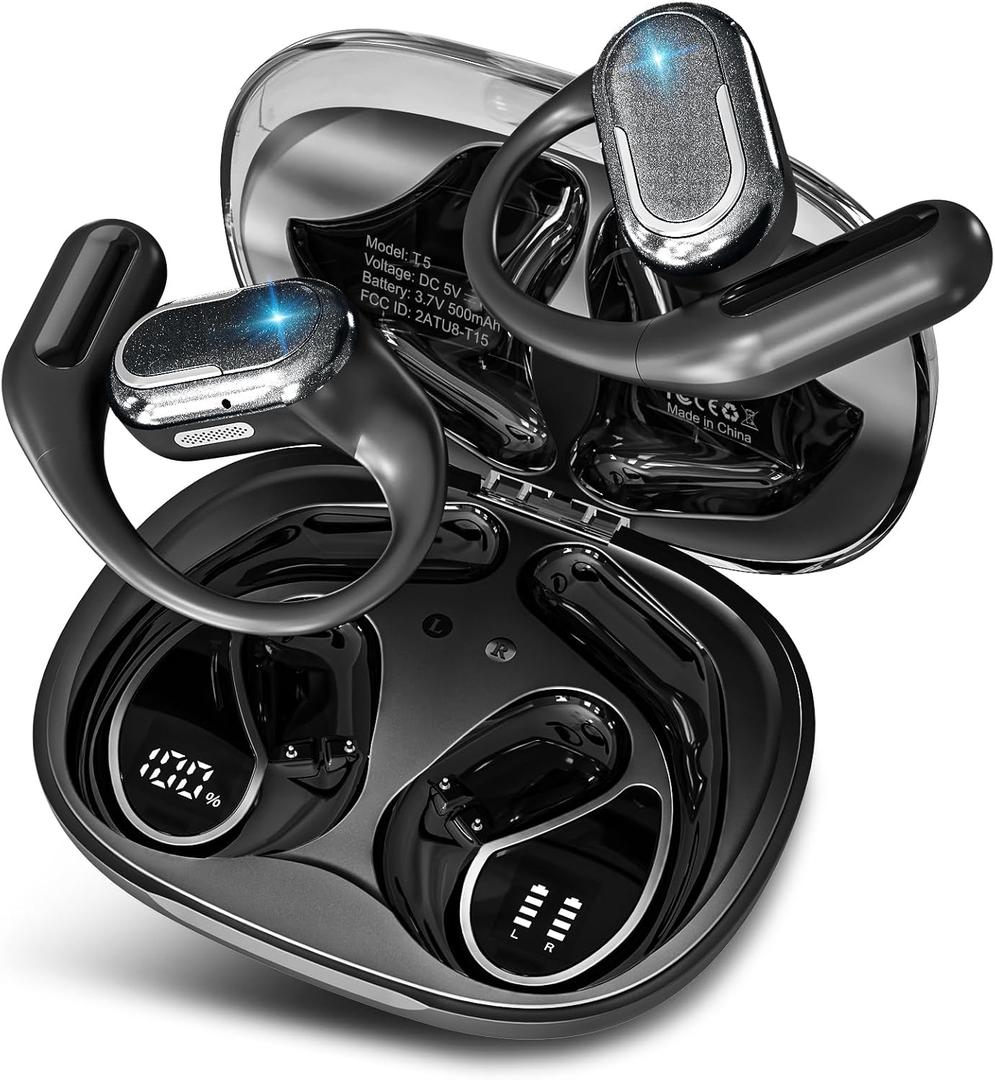 Bluetooth 5.4 Headphones True Wireless Stereo Earbuds 40H Playtime LED Power Display Earphones with lPX5 Waterproof Open Ear Buds for Sporting, Working, Studying Black
