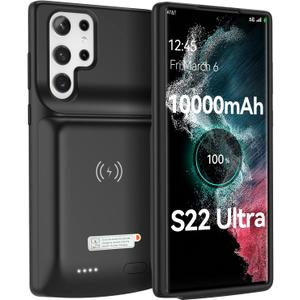 NEWDERY for Galaxy S22 Ultra Battery Case 10000mAh, Qi Wireless Charging & Fast Charging & Transfer Data Supported, Powerful Rechargeable Charger Cover for Samsung S22 Ultra 5G-6.8" Black