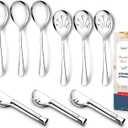 Teivio Stainless Steel Metal Serving Utensils - Large Set of 9-10" Spoons, 10" Slotted Spoons, and 9" Tongs (Silver)