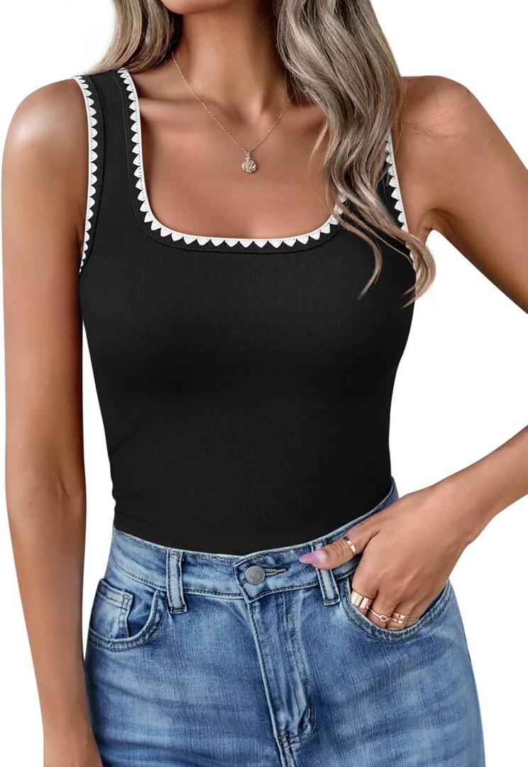 Yousify Womens Square Neck Tank Tops 2025 Summer Sleeveless Shirts Casual Slim Fitted Color Block Ribbed Tanks (Small, 01 Black)
