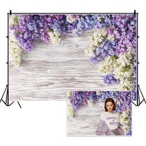 Vie Savaran 5x3ft Flowers Backdrop Purple White Lilac Bouquet Wooden Plank Flowering Shrub Photography Background Wedding Bridal Shower Party Valentine's Day Gift Studio Photo Props Polyester