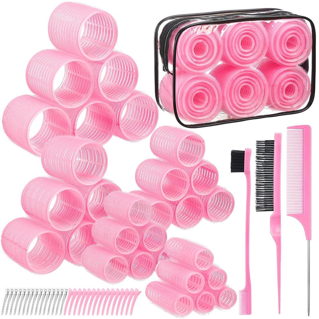 5 Sizes Self Grip Hair Rollers Set, 64 Pcs Rollers Hair Curlers with Clips Comb for Long Medium Short Hair (60 48 40 32 20mm), Pink