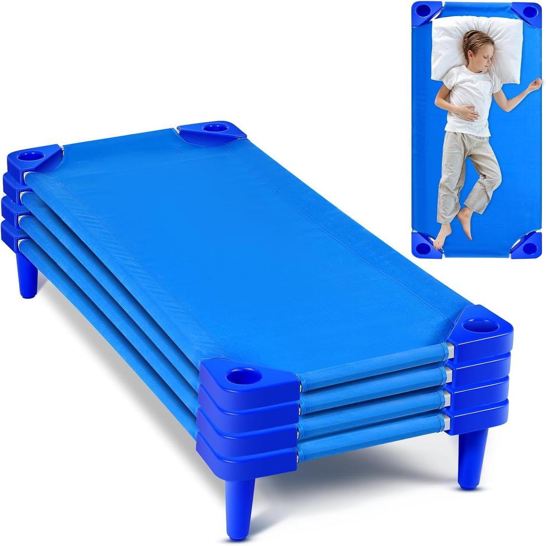 8 Pcs Stackable Daycare Cots for Toddler 54" l x 23" W Kids Cots for Sleeping Portable Kids Bed Furniture Bed Frames Headboards Footboards for Classroom Preschool (Blue)
