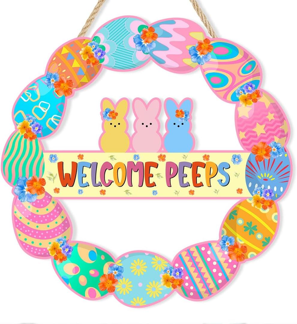 Pink Happy Easter Wreaths for Front Door Peeps Decorations for home Sign Easter Eggs Decor Wooden Wall Decor for Home Office Bathroom Living Room Door Wall Party Supplies 10x10x0.12 inches (Welcome)