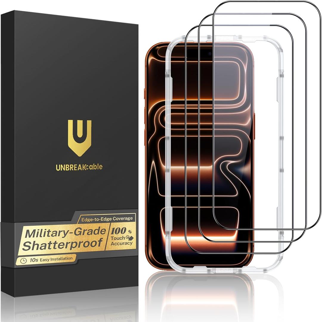UNBREAKcable for iPhone 17 Pro Max Screen Protector, 3-Pack Full Coverage Tempered Glass [Military Grade Shatterproof] [9H Hardness] [Easy Installation] [Bubble Free] for iPhone 17 Pro Max 6.9"