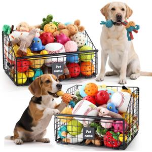2Pcs Dog Toy Basket Metal Chew Resistant Dog Toy Bin Chest Storage Box Wire Organizer Basket for Pet Puppy Cat Food Storage Home Office Kitchen(16.5 x 11 x 8.7 Inches, 14.4 x 12.6 x 10 Inches)