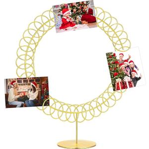 MorningRo Metal Christmas Card Holder Wreath Xmas Card Display Spiral Photo Holder Decorative Tabletop Photo Rack Spiral Wreath for Holiday Party Picture Table Gift(Gold,Round)