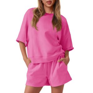 Fisoew Womens 2 Piece Outfits Casual Oversized Cropped Sweatshirt and High Waist Running Shorts Tracksuit Sets (Large, Pink)