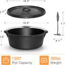 Camping Dutch Oven,12 Qt Pre-Seasoned Cast Iron Camp Dutch Oven Pot with Lid - Lid Lifter, Cast Iron Dutch Oven with Metal Handle for Cooking BBQ Baking Campfire Modern, Black