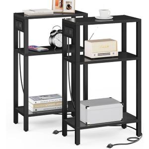 TUTOTAK Narrow Side Table with Charging Station, Small End Table with USB Ports and Outlets, Skinny Sofa Table, Slim Nightstand, Living Room, Bed Room, Black TB01BK0792 (3-Tier7.9"D x 15.8"W x 26"H)