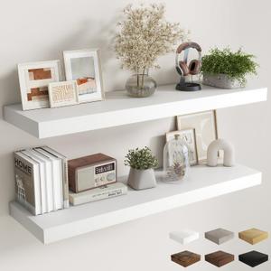 Fun Memories 12 Inch Deep Floating Shelves, 48 x 12 Floating Shelves for Wall Set of 2, Extra Deeper Hanging Wood Wall Shelves for Bedroom, Living Room, Kitchen, White, 12"D x48"L - 2P