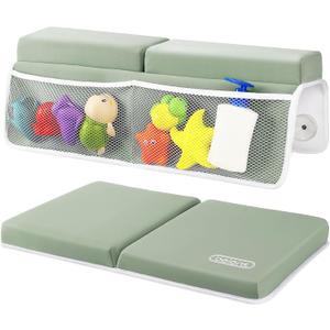 beiens Bath Kneeler and Elbow Rest Pad Set - 1.5'' Comfortable Thick Baby Bath Kneeler Pads, Quick Dry Soft Kneeling Pad for Baby Bath Time, Non-Slip Knee& Arm Support Bathtub Mat with Toys Organizer (Grey Green)