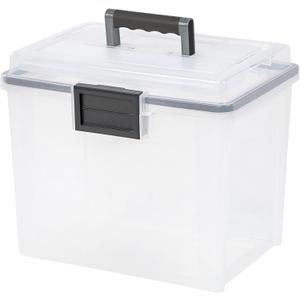 IRIS USA File Box WeatherPro Portable File Organizer Plastic File Box for Letter File w/Organizer-Lid, Durable Lid and Gasket Seal, Secure Latching Buckles, Stackable, Lockable, Clear 19 Qt. 2 Pack