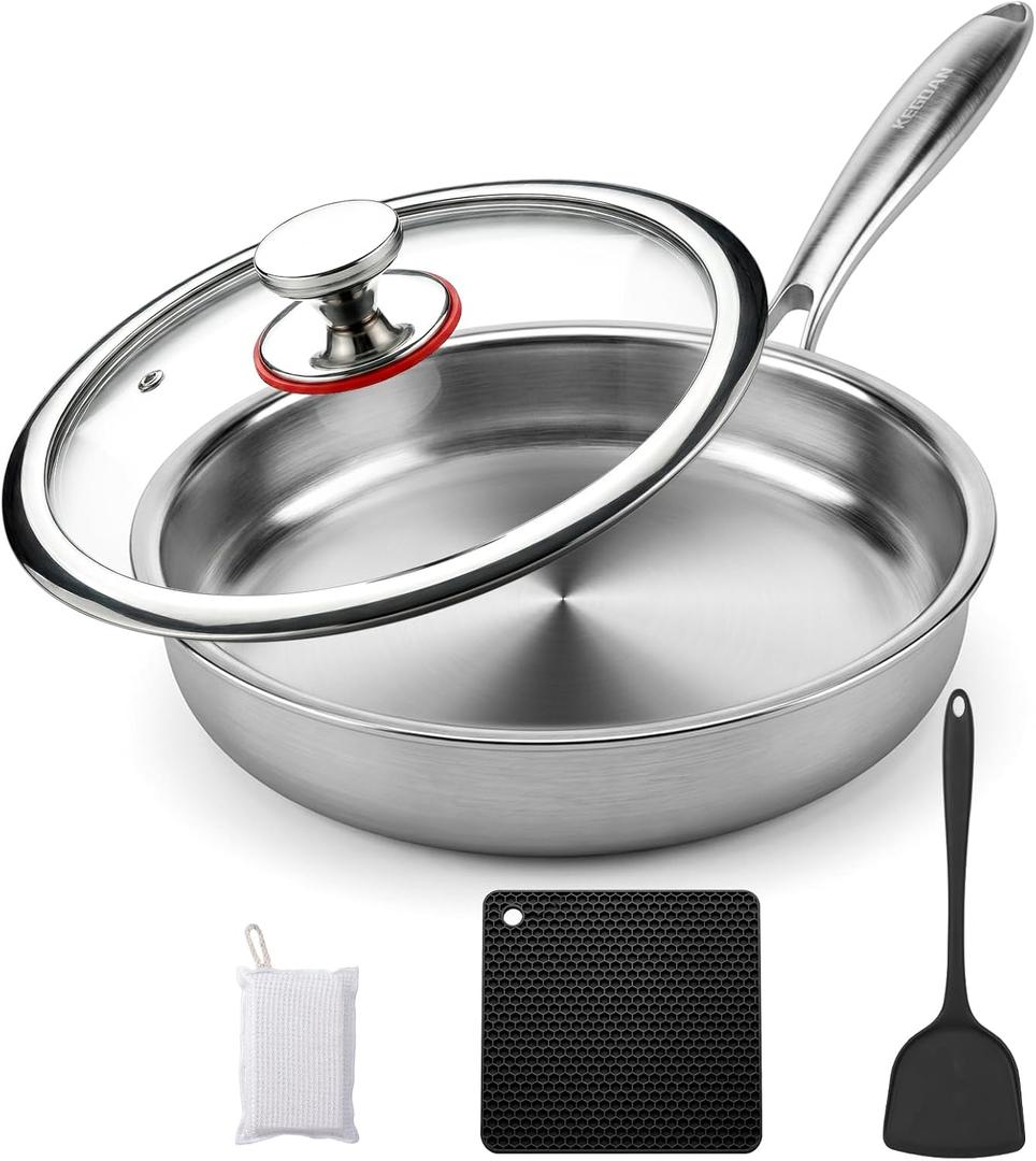 12 Inch Stainless Steel Pan, 5pcs Tri-Ply Stainless Steel Frying Pan with Lid, Dishwasher & Oven Safe, Induction Cooking Skillets, Fast & Even Heat and Detachable Handle