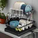 Large Dish Drying Rack for Kitchen Counter, Carbon Steel Dish Rack, Detachable Dish Drainer Organizer with Drainboard, Kitchen Utensil Hooks, Cup Holder and Cutlery Holder (Black, 2-Tiers)