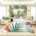 Tropical Tree Plant Duvet Cover Set Queen Size with Zipper Closure, Watercolor Red Hibiscus Flower Pattern Printed Comforter Cover,Palm Leaves Bedding Sets with 2 Pillow Cases,Soft,Green Pink (Leaf 10)