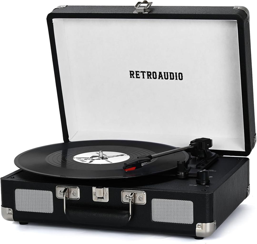 Vinyl Record Player 3-Speed Bluetooth Portable Suitcase Belt-Driven Record Player with 2 Built-in Stereo Speakers Vinyl Vintage Turntable Phonograph Records Player with RCA Line Out, AUX Out (Black)
