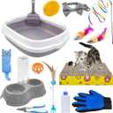 Kitten Starter Kit - 15 Piece Cat Essentials Set Includes Litter Box, Toys, Collars, Scratch Pad, Nail File, Automatic Feed Bowls, Grooming Gloves (Gray)